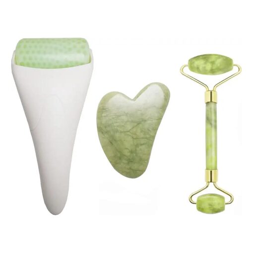 3 in 1 Ficial Face Ice Jade Roller and Gua Sha Tool, 100 % Natural Real Jade Anti-Wrinkle Face Eye Neck Massager Tool, Reduce Wrinkles, Puffiness, Migraine, Redness, Pain and Injury