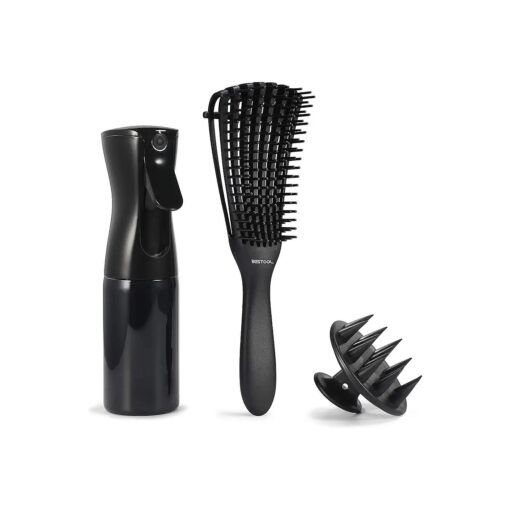 BESTOOL Detangling Brush for Curly Hair 3 pcs Hair brush Set with Detangler Brush, 5oz Spray Bottle, Silicone Shampoo Brush Great for Natural Curly, Thick, All Wet or Dry Hair ( Black )