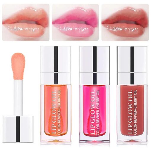 3 Set Lip Oil Hydrating Tinted Lip Balm, Plump Lip Gloss Lip Care Transparent Toot Lip Oil Tinted, Glass Lip Glow Oil Fresh Texture & Non-sticky, Nourishing Repairing Lightening Lip Lines Lip Care Products