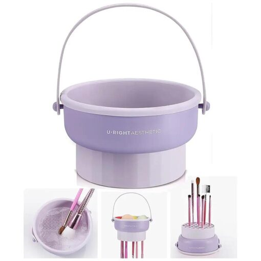 3 in 1 Brush Cleaning Mat with Brush Drying Holder, Silicone Makeup Brush Cleaner Mat Make Up Brush Cleaning Bowl Cosmetic Brush Washing Tool for Makeup Brush, Sponge, Powder Puff ( Purple )