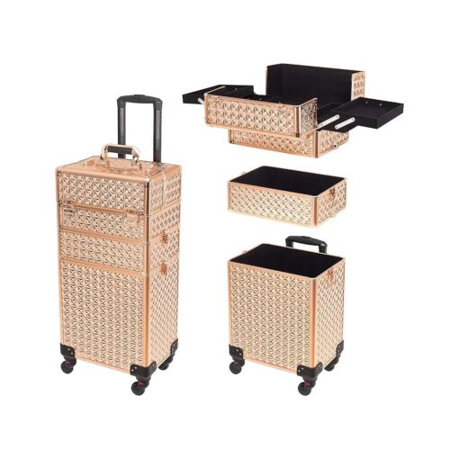 YOURLITE 3-in-1 Rolling Makeup Train Case Travel Case Aluminum Cosmetic Storage Box Lockable Trolley Large Storage Portable Cart with Key Wheels Artist Organizer Box ( Rose Gold ) ( Rose Gold )