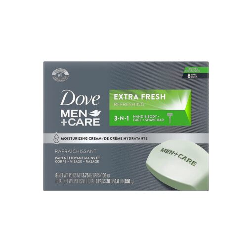 DOVE MEN + CARE 3 in 1 Bar Cleanser for Body, Face, and Shaving Extra Fresh Body and Facial Cleanser More Moisturizing Than Bar Soap to Clean and Hydrate Skin 3.75 Ounce ( Pack of 8 )