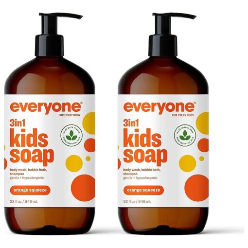 Everyone 3-in-1 Kids Soap, Body Wash, Bubble Bath, Shampoo, 32 Ounce ( Pack of 2 ), Orange Squeeze, Coconut Cleanser with Organic Plant Extracts and Pure Essential Oils ( Packaging May Vary )