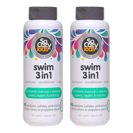 So Cozy Kids Swim 3-in-1 Shampoo, Conditioner & Body Wash - 3-in-1 Combo Pool Shampoo & Conditioner for Swimmers - Salt & Chlorine Removing Activated Charcoal, 10.5 Fl oz ( Pack Of 2 )