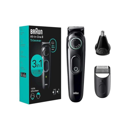 Braun All-in-One Style Kit Series 3 3430, 3-in-1 Trimmer for Men with Beard Trimmer, Ear & Nose Trimmer, Hair Clippers, Ultra-Sharp Blade, 20 Length Settings, Washable, Black