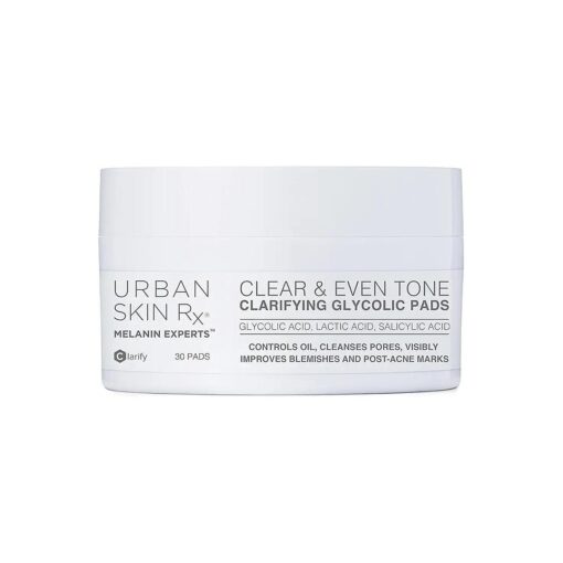 Clear & Even Tone Clarifying Glycolic Pads | Urban Skin Rx ( r ) | Powerful Formula Targets Blemishes, Removes Excess Oil and Evens Skin Tone, Formulated with Glycolic, Salicylic and Lactic Acids | 30 Pads