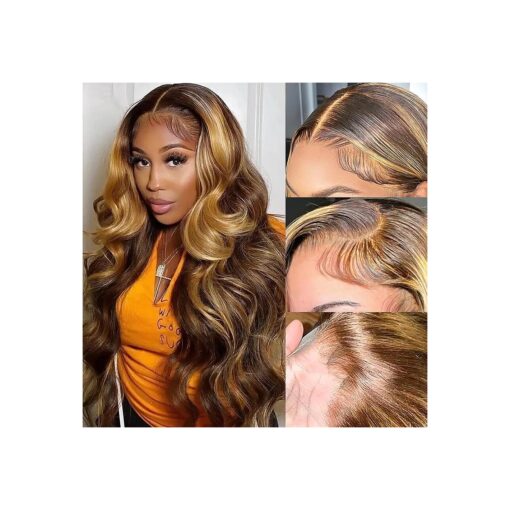 30 Inch Ombre Lace Front Wig Human Hair 4/27 13x4 Body Wave Highlight Lace Front Wig Human Hair Pre Plucked With Baby Hair Honey Blonde Wig Human Hair 180 % Density Colored Wigs Human Hair for Women