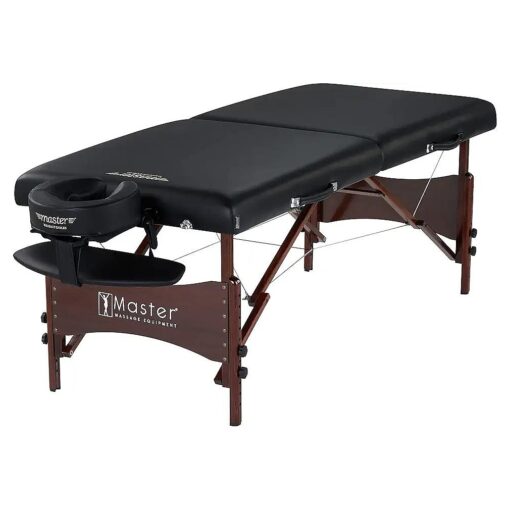 Master Massage Newport Portable Massage Table Package with Denser 2.5" Cushion, Walnut Stained Hardwood, Steel Support Cables, Pillows & Accessories, Black, 30"