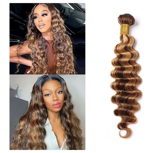 P4/27 Deep Wave Human Hair Bundles Highlight Brazilian Remy Hair Extensions 1 Bundles Brown And Honey Blonde Hair Bundles Hair Weaves For Women 30 Inch