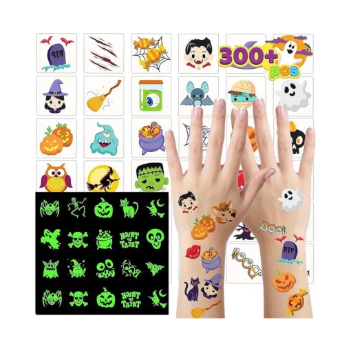 JOYIN 300+ Assorted Halloween Temporary Tattoos including Glow in the Dark Tattoos for Kids Halloween Trick or Treat Party Supplies, Class Hang out present Treat