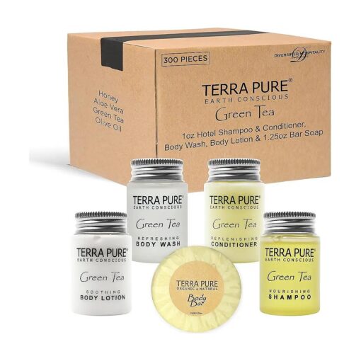 Terra Pure Hotel Soaps and Toiletries Bulk Set | 1-Shoppe All-In-Kit Amenities for Hotels | 1oz Hotel Shampoo & Conditioner, Body Wash, Body Lotion & 1.25oz Bar Soap Travel Size | 300 Pieces