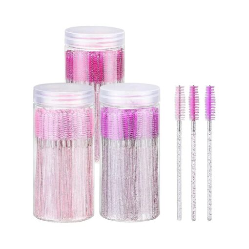 300PCS 3 Color Disposable Eyelash Brush with 3 Containers, Spoolies for Eyelash Extensions, Crystal Mascara Wands, Eyebrow Brushes for Makeup Accessories, Eye Lash Tools - Pink, Rose, Purple