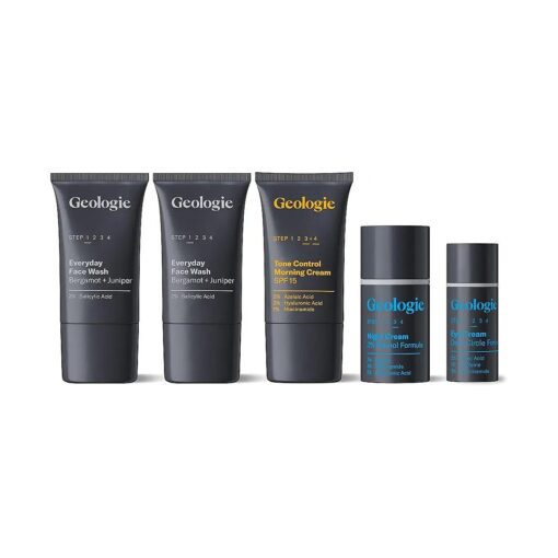 Geologie Complete Skincare Set | 30-Day 5-Piece Supply | Acne, Oil, Dark Spots | Salicylic Acid Face Wash ( 2 count ), Retinol Night Cream, SPF15 Niacinamide Moisturizer, Dark Circle Eye Cream