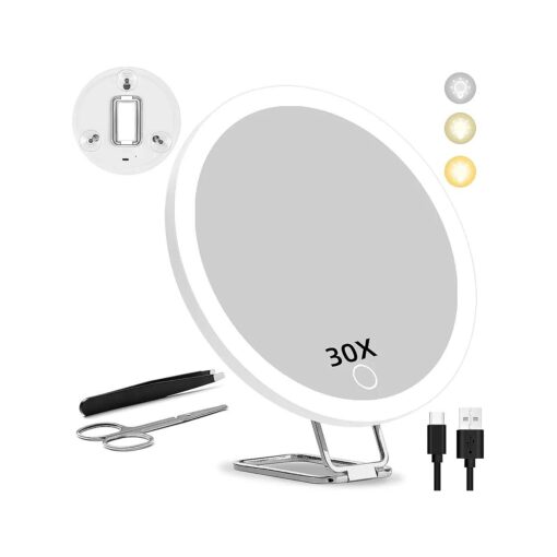 30X Magnifying Mirror with Light, Large 6" Magnifying Makeup Mirror with Light 30X, Travel Mirror with 30X High Magnification Compact 30X Magnified Mirror with Light, 3 Suction Cup & Adjustable Stand