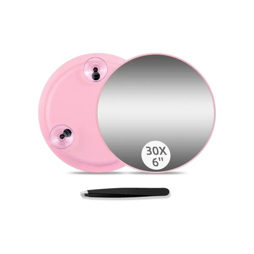 Round 30X Magnifying Mirror, 6" Makeup Magnifying Mirror High Magnificaiton 30x Mirror with Suction Cups, Compact Magnifying Mirror and Tweezers, 30X Travel Magnifying Mirror Makeup 30x Magnification