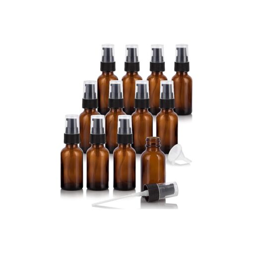 JUVITUS 1 oz / 30 ml Amber Glass Boston Round Bottle with Black Treatment Pump ( 12 pack ) + Funnel Refillable Empty Storage Containers