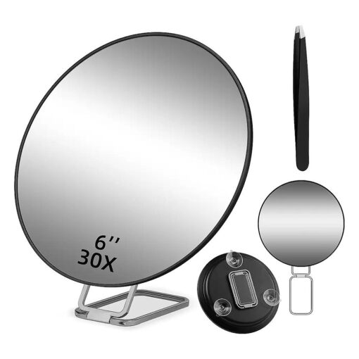 Large 30X Magnifying Mirror 6inch Makeup Magnifying Mirror with Suction Cups, Handheld 30x Magnifying Mirror & Tweezers, High Magnification 30x Travel Magnifed Kit Makeup Mirror with 30X Magnification