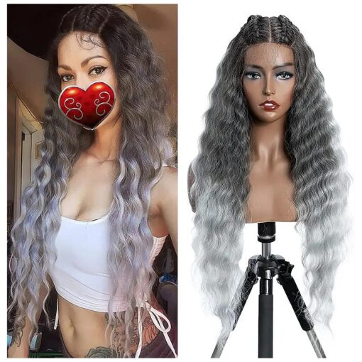 FASHION IDOL Lace Front Curly Wigs 31" Long Synthetic Natural Water Wavy Wig for Black Women Ombre Gray with E Type HD Lace Wig