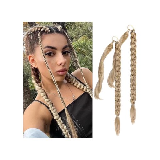 HAIRCUBE Long Braided Ponytail Extension with Hair Tie Straight Wrap Around Hair Extensions Ponytail Natural Soft Synthetic Hair Piece for Women Daily Wear 32 Inch 150 Gram ( Mixed Blonde 2pcs )