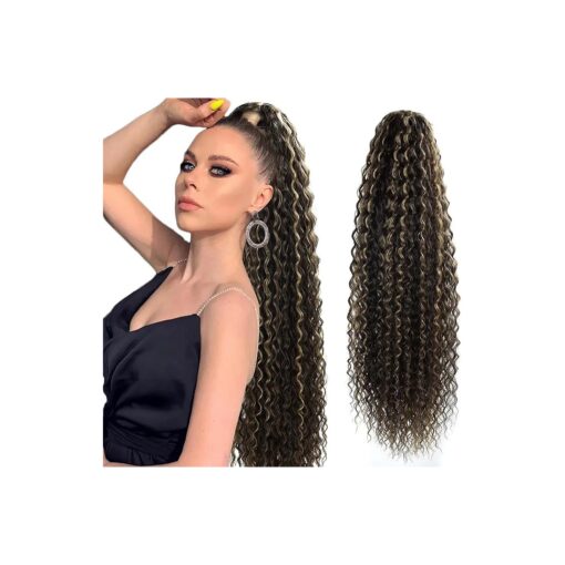 32 Inch Long Curly Ponytail Hair Extension Curly Clip In Wave Natural Brown Drawstring Ponytail Extensions Synthetic Hair Curls Hairpiece For Black Women ( P4/27 #, 6.70OZ )