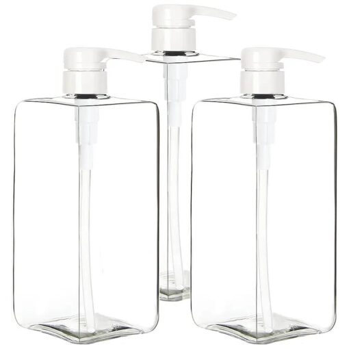 Youngever 3 Pack Pump Bottles for Shampoo 32 Ounce ( 1 Liter ), Square Empty Shampoo Pump Bottles, Plastic Cylinder with Lockdown Leak Proof Pumps