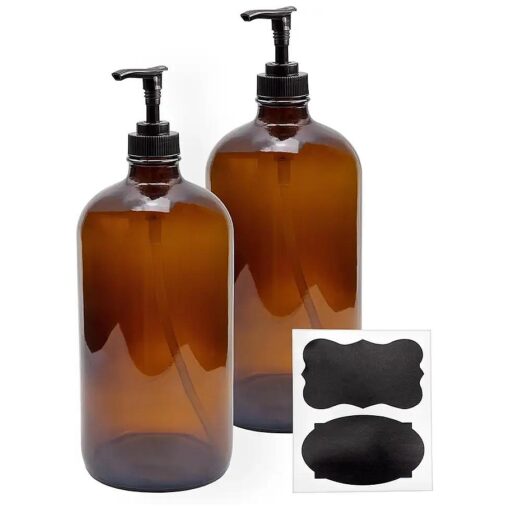 32-Ounce Amber Glass Lotion Pump Bottles ( 2-Pack ) ; Quart Size Brown Bottles w/Black Plastic Locking Pump Dispensers ; Includes Chalk Labels