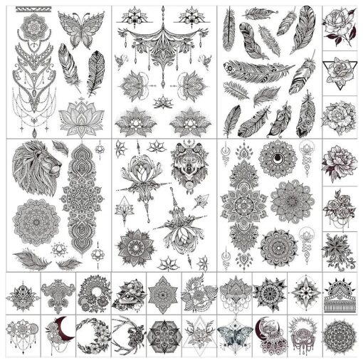 32 Sheets Black Henna Temporary Tattoos for Adults Women Girls, Feather Mandala Flower Body Art Large Big Arm Tattoos Sheet Lace Mehndi Mandala Tattoo 32 Count Pack of 1