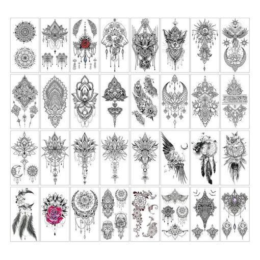 32Sheets Women Temporary Tattoo Sticker, Henna Feather Mandala Datura Flowers Temp Tattoos For Women