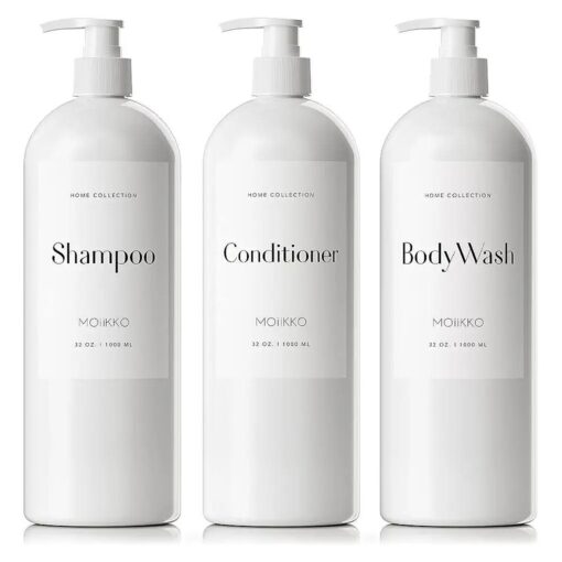 32oz Refillable Shampoo and Conditioner Dispenser Bottles - Set of 3 Empty Shampoo Conditioner Body Wash Dispenser with 8 Waterproof Labels