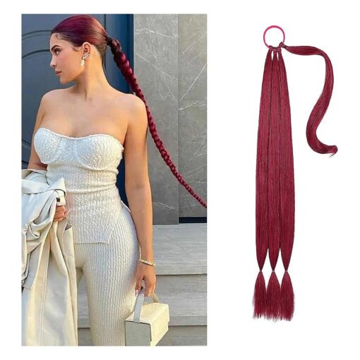 Long Braided Ponytail Extension HH FASHION 34 Inch Straight Wrap Around Hair Extensions Ponytail With Hair Tie Natural Soft Synthetic Hairpiece for Women Girl Daily Wear Burgundy