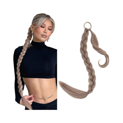 Hairro Long Braided Ponytail Extension DIY Wrap Around Ponytails Synthetic Yaki Straight Braiding Pony Tails Hairpiece For Women 34 Inch # 27/613 Dark Blonde with Highlight Platinum Blonde