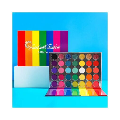 Afflano Rainbow Eyeshadow Palette Matte Shimmer Pressed Glitter, Pigmented Colorful Eye Shadow Pallets, Pink Red Orange Yellow Green Blue Purple 35 Color, Blendable Bright Makeup Palette