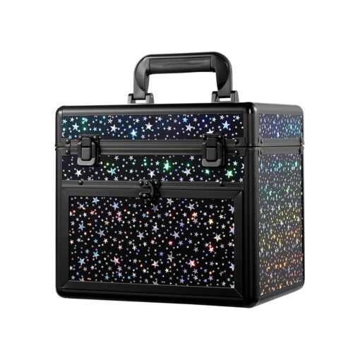 Train Case Nail Polish Case With Drawer and Dividers Makeup Travel Case Portable Cosmetic Organizer ( black with shiny star )