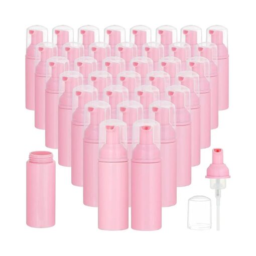 35 Pack Plastic Foam Bottles Travel Soap Dispenser Bottles with Pump Mini Liquid Foaming Soap Bottles for Refillable Hand Sanitizer Lash Cleanser Shampoo Castile Pink ( 60ml )