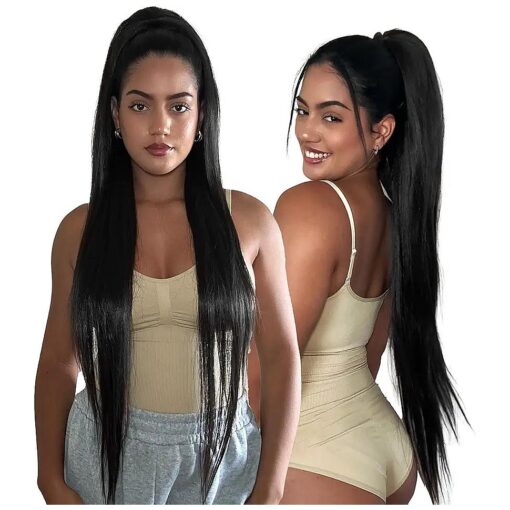 SEIKEA 36" Long Straight Drawstring Ponytail Extension, Multi Layered Light Soft Tangle-Resistant Silk Touch Clip in Hair Extensions Ponytail Natural Synthetic Hairpiece for Women Natural Black