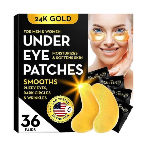 24K Gold Under Eye Patches for Puffy Eyes and Dark Circles with Pure Collagen, Eye Gel Pad Masks for Reducing Eye Bags, Puffy Dark Circles, Wrinkles, and Fine Lines- 36 Pairs