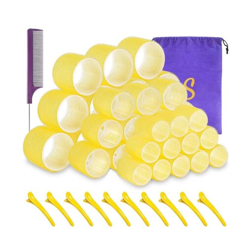 Self grip hair roller set 36 pcs, Heatless hair curlers, Hair rollers with hair roller clips and comb, Salon hairdressing curlers, DIY Hair Styles, Sungenol 3 Sizes Yellow Hair Rollers in 1 set