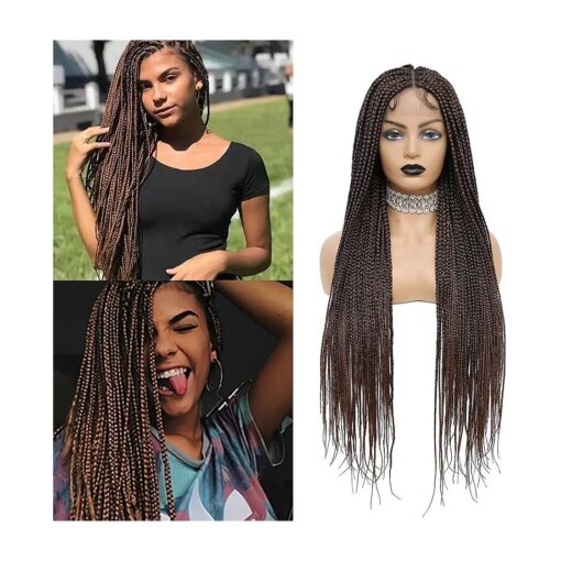 36" Full double Lace Front Box Braided Wigs Knotless Cornrow Braids Lace Frontal Wig Synthetic Hand Braided Wigs With Baby Hair for African Black Women ( T1B/30 )