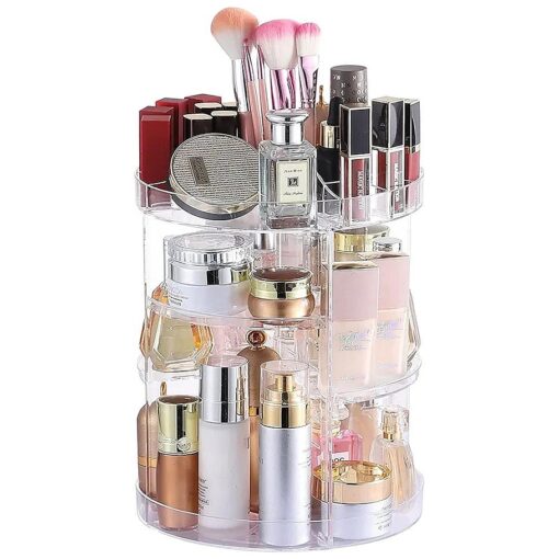 Cq acrylic 360 Rotating Makeup Organizer 4 Tiered Clear Round Spinning Skincare Organizer for Vanity, Lazy Susan Carousel Bathroom Beauty Standing Organizer Tower Skin Care Holder Dressing Table