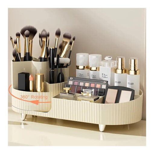 Onewly 360deg Rotating Makeup Organizer, Vanity Display Case for Cosmetic, Brush, Lipstick and Cream ( Cream White ( Large ) )