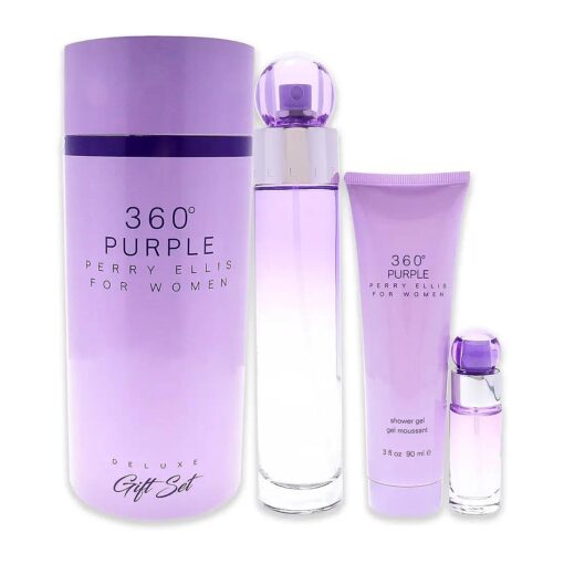 Perry Ellis 360 Purple Women 3.4oz EDP Spray, 0.25oz EDP Spray, 3.0oz Shower Gel 3 Pc Gift Set