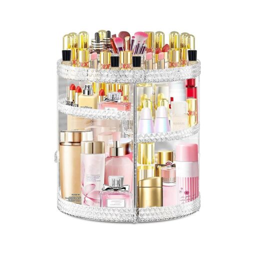 WuNa 360 Rotating Makeup Organizers Countertop 7 Adjustable Layers Cosmetic Organizers Acrylic Makeup Organizers with 3 Layer Diamond Patterns Stand for Vanity and Bathroom