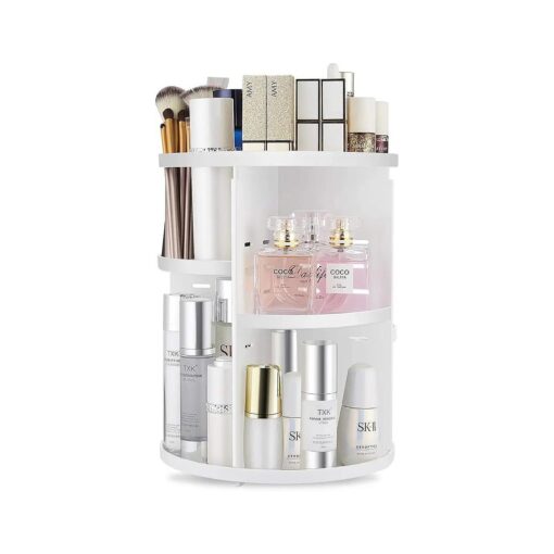 360 Rotating Makeup Organizer, DIY Adjustable Spinning Holder, Foldable Cosmetic Storage Display box, Large Capacity Make up Caddy Shelf, Fits Countertop Vanity and Bathroom ( WHITE )