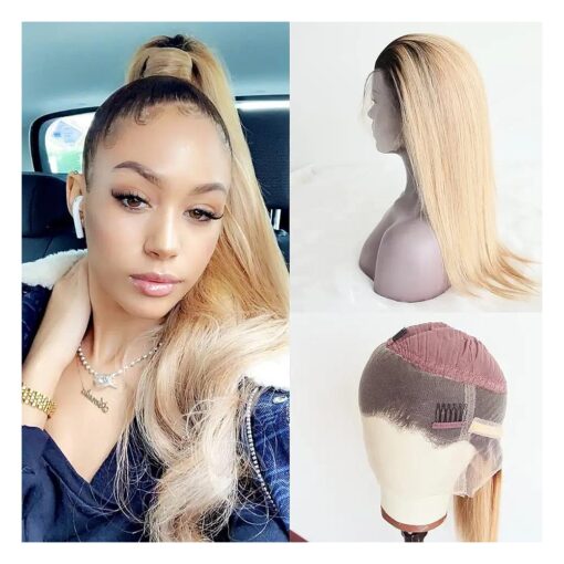 360 Lace Frontal Wigs Ombre # 1B/27 Dark Roots Honey Blonde 150 % Density 100 % Brazilian Virgin Human Hair Pre Plucked Glueless Free Part HD Full Lace Straight 10 Inches