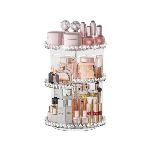 360deg Rotating Makeup Organizer, Diamond Pattern DIY 5 Adjustable Layers Skincare Clear Cosmetics Organizer for Vanity Countertop with Perfume Tray