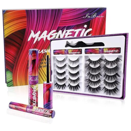 Magnetic Lashes Kit, Reusable 3D 5D Magnetic Eyelashes Set with 2 Dazzling colors Magnetic Eyeliner and Tweezer, Mink False Eyelashes Natural Look, No Glue Needed