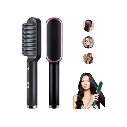 New Negative Ion Hair Straightener with 5 Temp, 2 in 1 Brush and Curler, Portable Electric Straightening Heated Styling Comb 10s Fast Heating Anti-Scald ( Black )