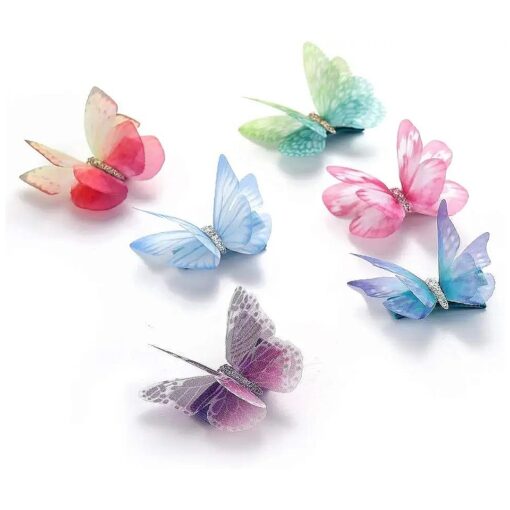 6Pcs/pack 3D Colorful Organza Butterfly Hair Clips - Chiffon Fairy Wings - Ribbon Wrapped Clips 0.4Inch Barrettes Hair Accessories For Women ( Multicolor )