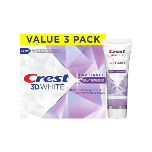 Crest 3D White Brilliance Vibrant Peppermint Teeth Whitening Toothpaste, 4.6 oz Pack of 3, Anticavity Fluoride Toothpaste, 100 % More Surface Stain Removal, 24 Hour Active Stain Prevention