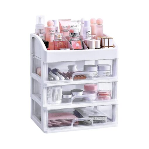 Simbuy Makeup Organizer with 3 Drawers, Bathroom Vanity Countertop Storage for Cosmetics, Brushes, Lotion, Nail Lipstick and Jewelry ( White )